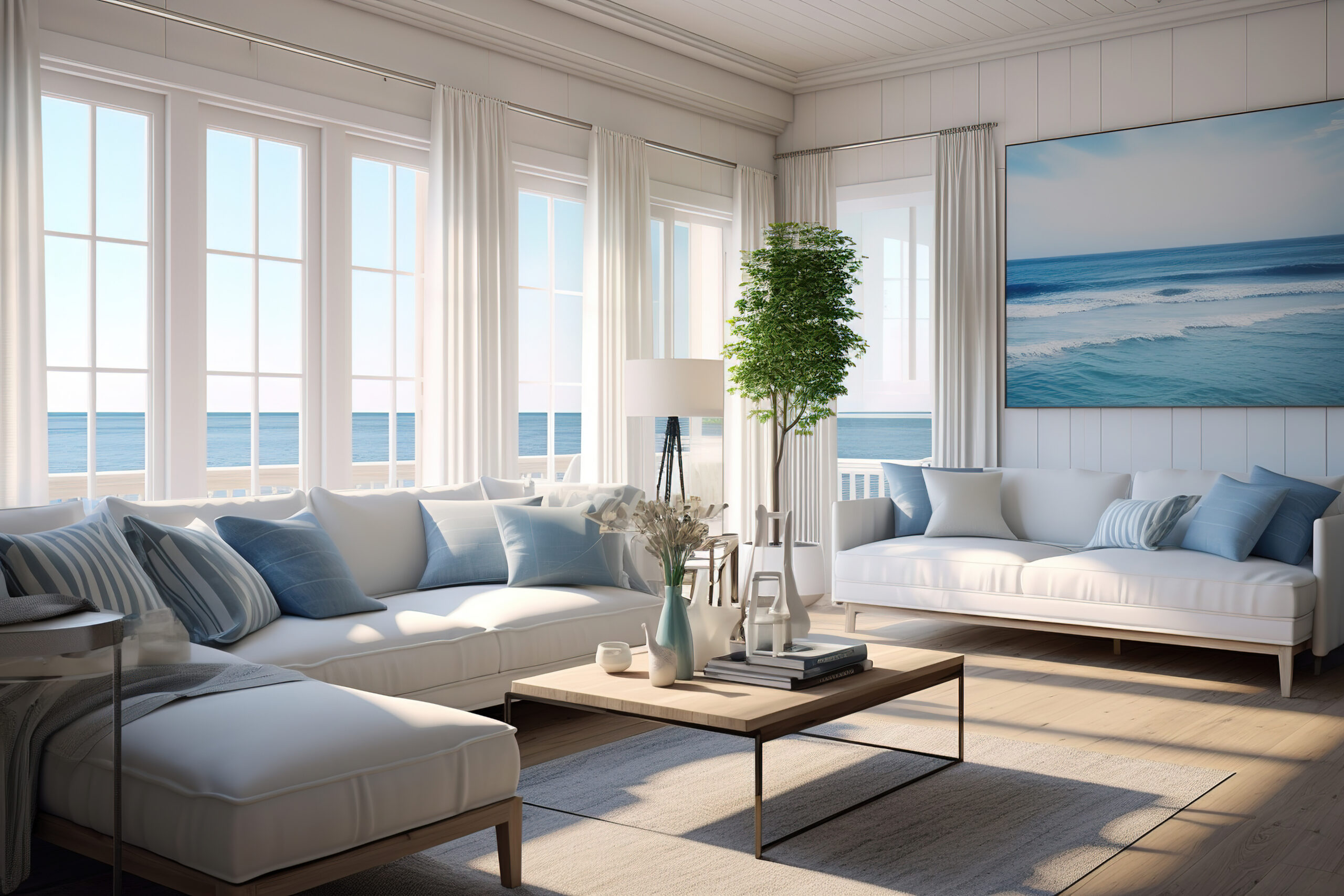 Bright coastal living room with white sofas, blue accents, and ocean views.