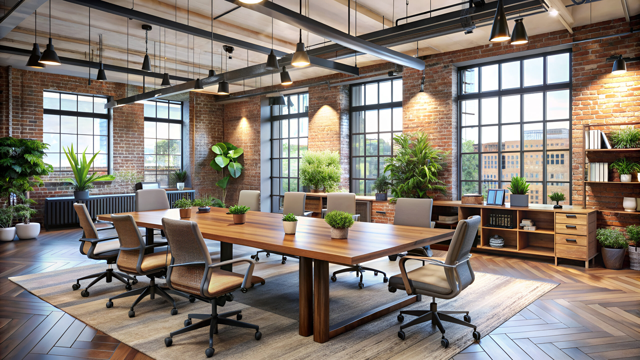 Modern industrial office with a wooden table, chairs, and greenery.